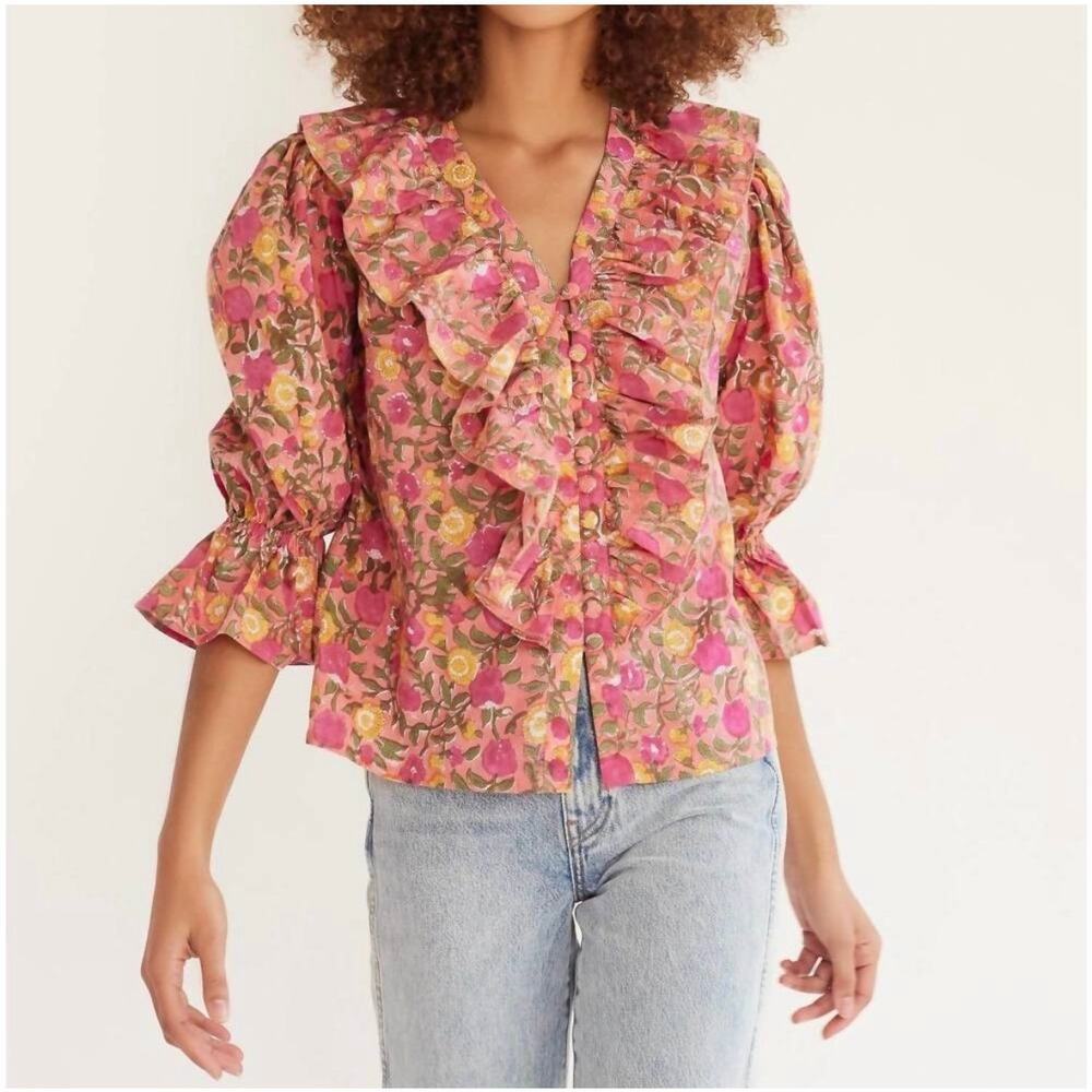 Mille Hanna Ruffle Button-Down Top in "Passionfruit" Tropical Floral Sz Small